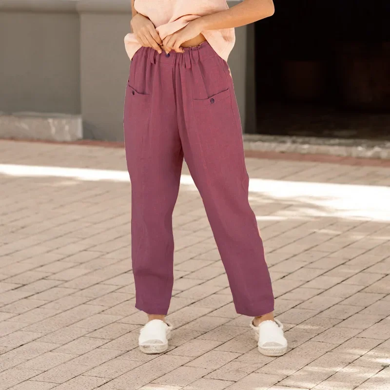 2025 Spring Summer Womens Cotton Linen Elastic Mid Waist Trousers Fashion Loose Wide Leg Pants Patchwork Pockets
