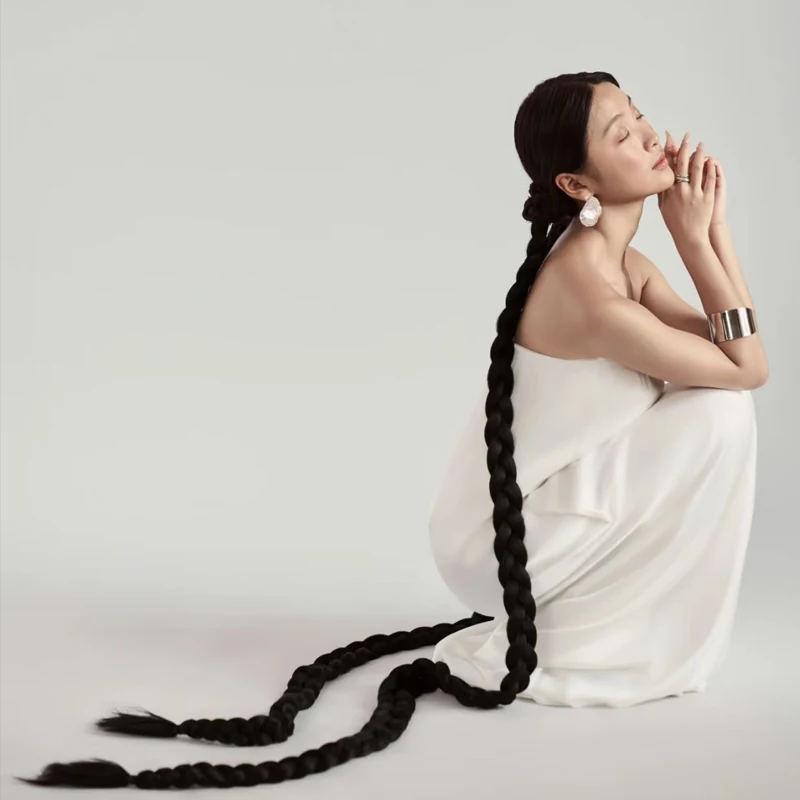 Synthetic Long Box Straight Braided Hair Extension Ponytail Elastic Rubber Band Clip-in Black Hairpiece for Women Daily