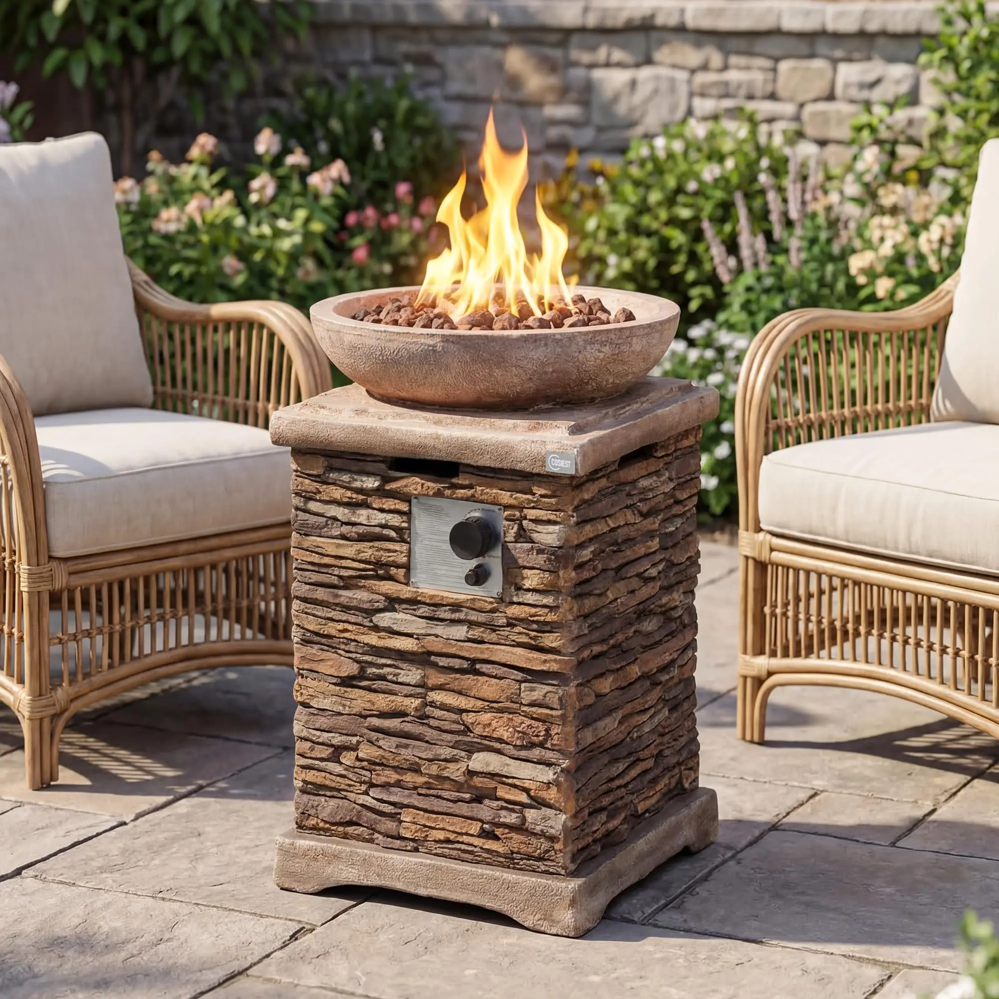 Outdoor Propane Fire Pit Table w Faux Compact Ledge Stone 20