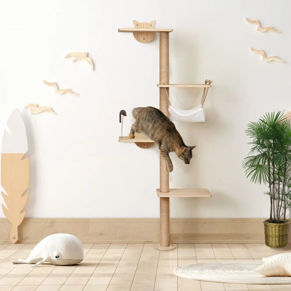 

Cat Tree Wall Shelves Cat Climbing Wall 4 Tier Tall Cat Tower Furniture for Indoor Cats Wood Scratching Post