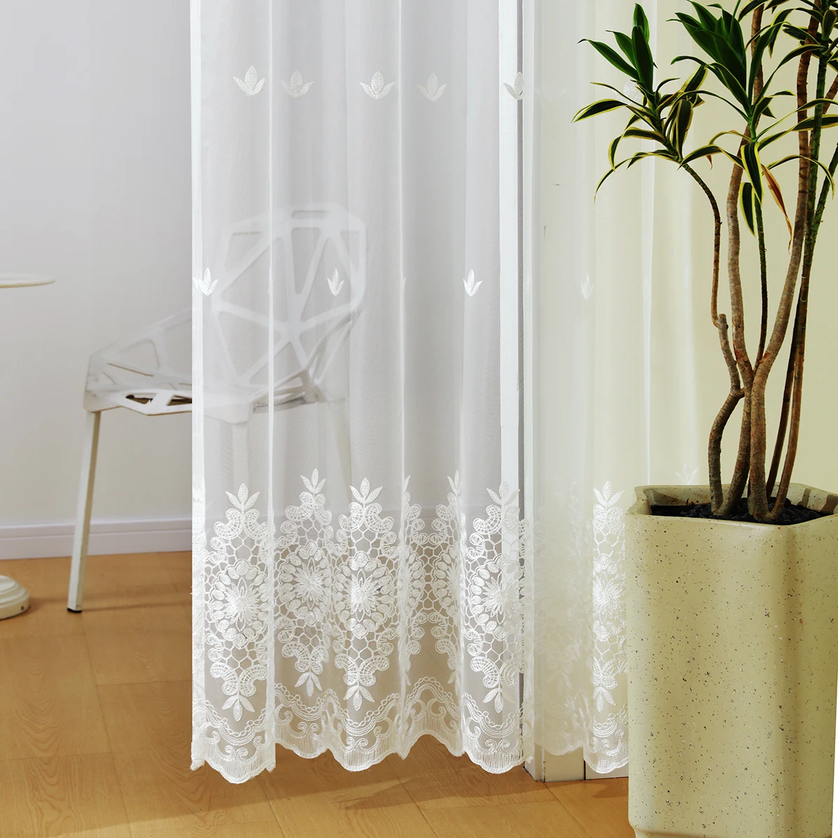 1pc White Embroidery Sheer Curtain for Living Room,Elegant Pastoral Style Transparent Tulle Curtain for Bedroom, Rod Pocket