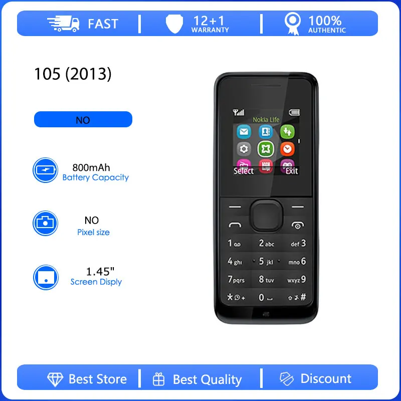 Original Refurbished 105 2013 2G single Sim Unlocked GSM 900/1800 Mobile Phone Russian Arabic Hebrew Keyboard Made in Finland