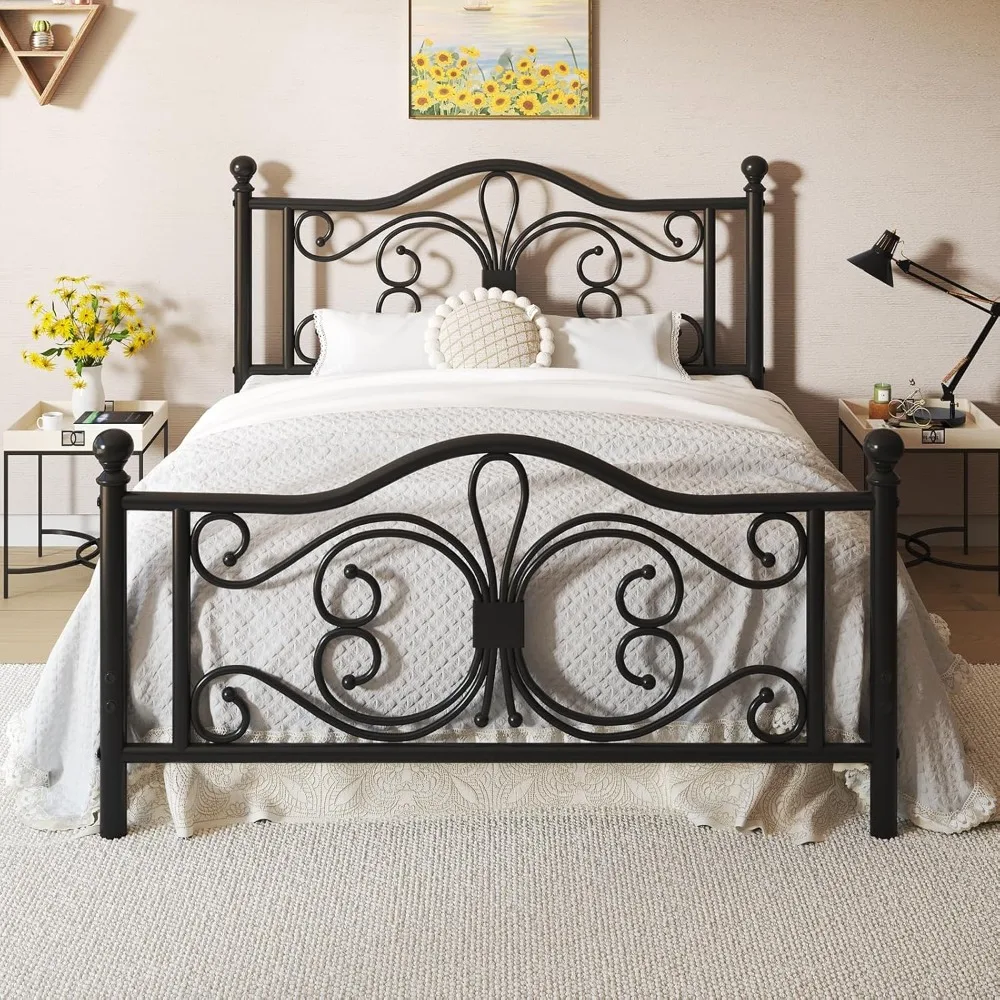 

Queen Size Bed Frame/Metal Platform Bed Frame with Butterfly Pattern Design Headboard and Footboard/Strong Metal Slats Support/N