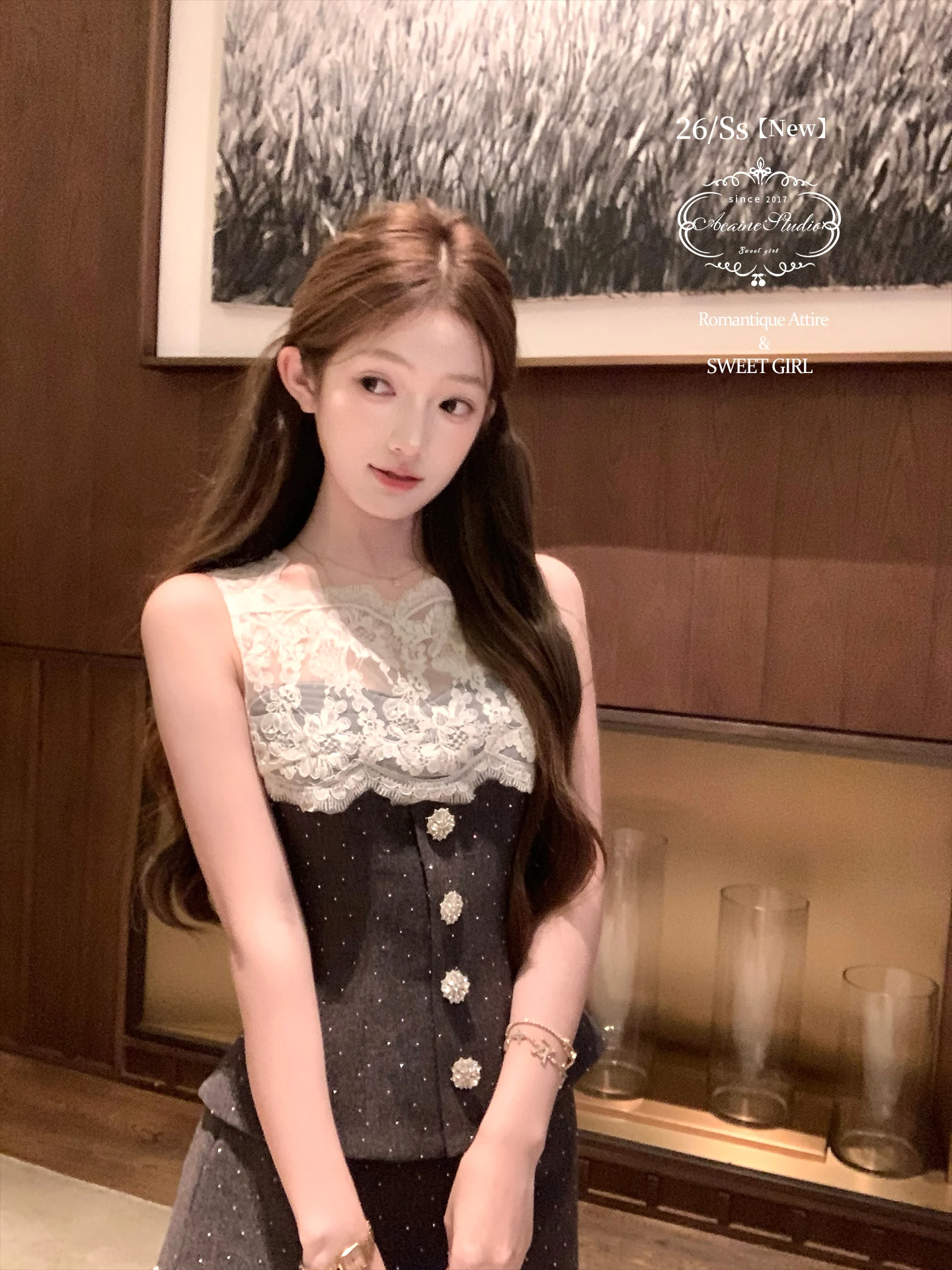 Grey Series Lace Drill Short Women's Top A-Line Skirt Summer Set Elegant Style High Waist Midi Skirt Sleeveless Fashion Set