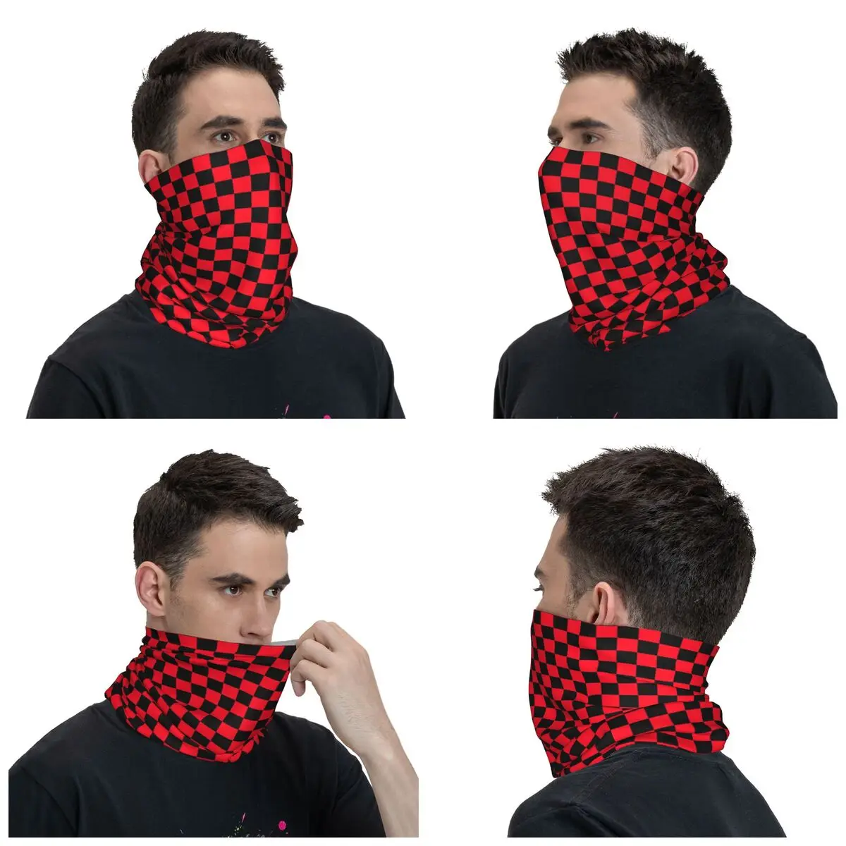 Custom Red And Black Geometric Checkered Bandana Neck Gaiter for Hiking Camping Wrap Scarf Headband Warmer Face Scarf Cover