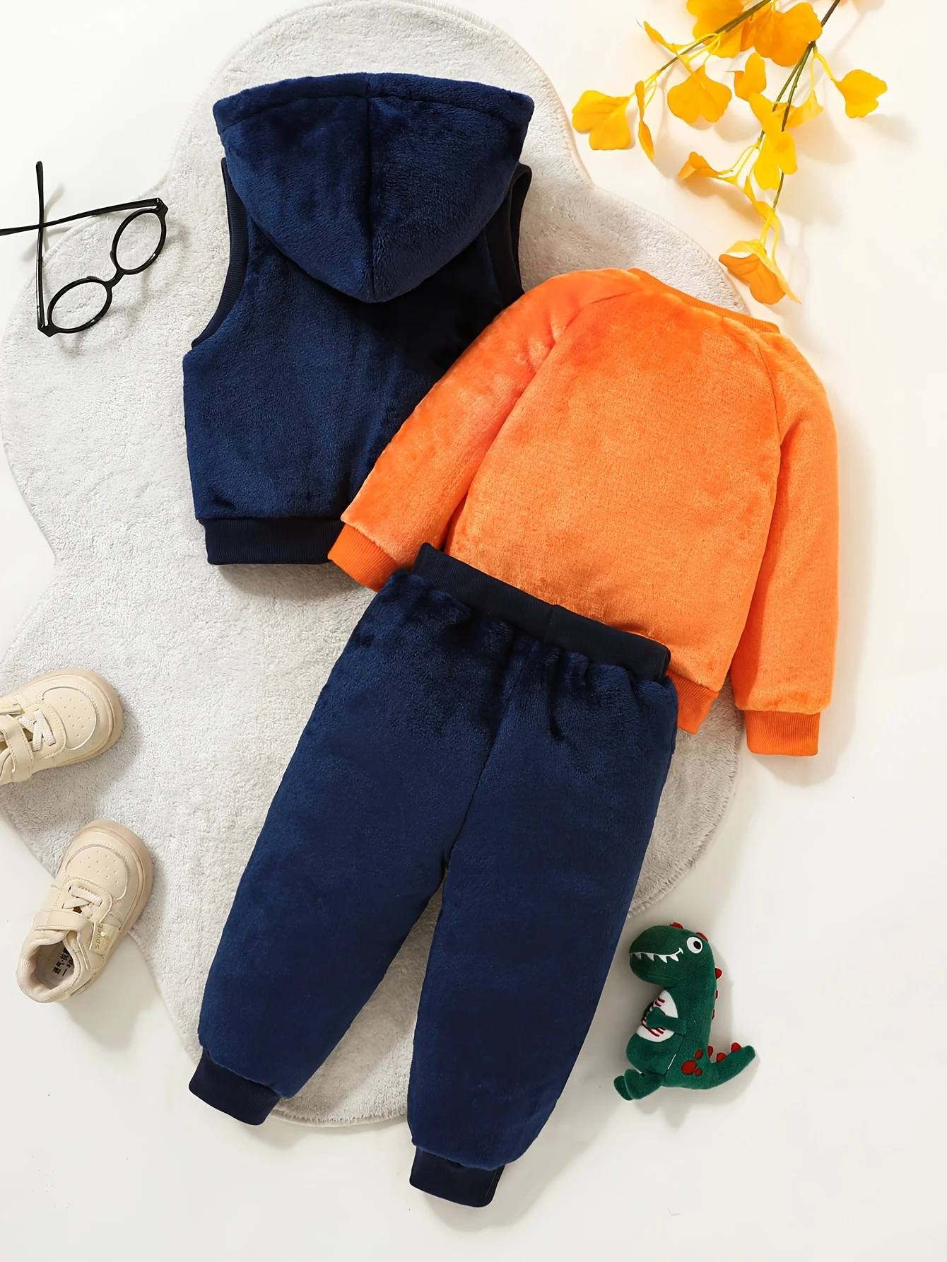 Infant Cartoon Dinosaur Embroidered Hooded Zip-Up Vest, Orange Long-Sleeved Crew Neck Top Paired with Navy Blue Jogger Pants, Autumn and Winter Three-Piece Set, Warm and Cute Plush Outfit for Toddlers Going Out