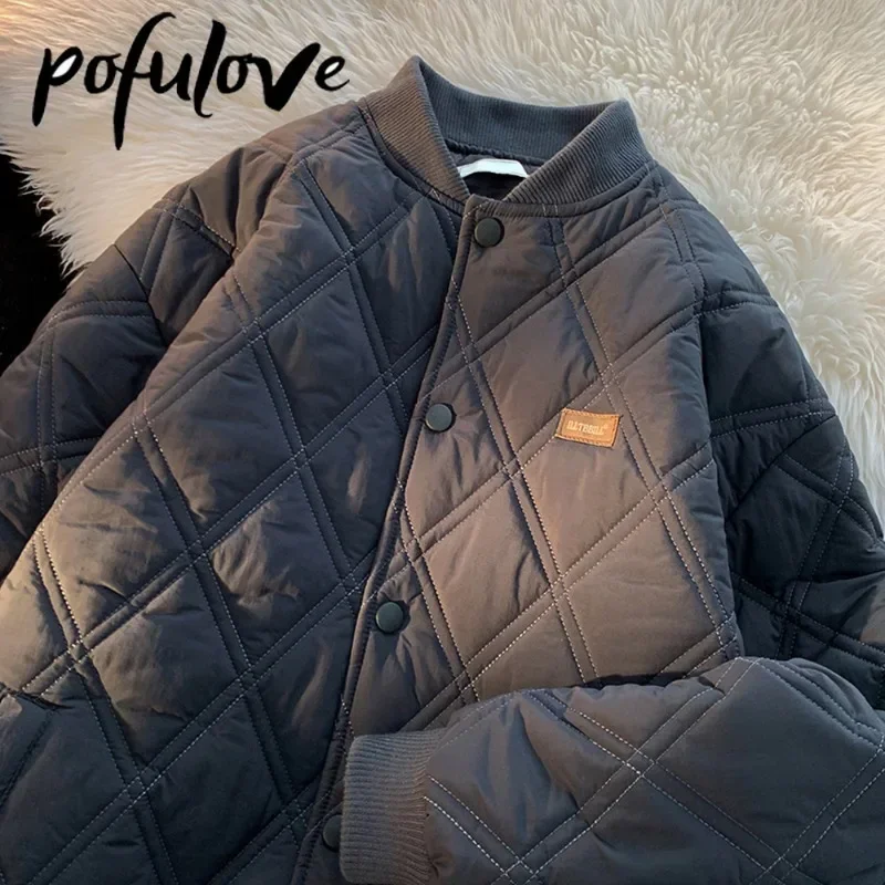 Diamond Plaid Cotton Jacket Women Loose Cotton Bomber Jacket Vintage Stand Neck Winter Couple Cotton Quilted Coat Dropshipping
