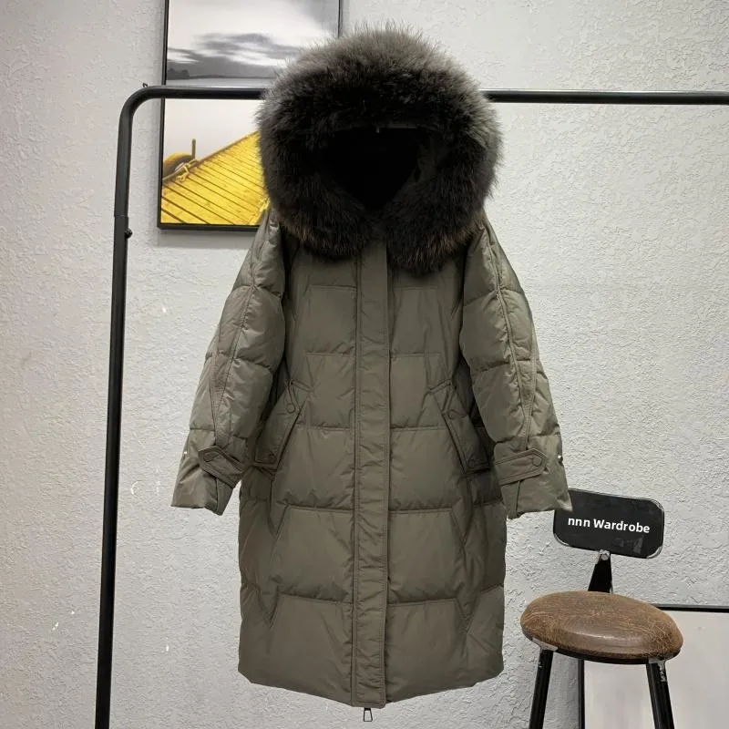

Ultra-Thick Women's down Jacket with Fur Collar Mid-Length Fashionable Winter Coat Warm Casual Style White Duck down Fill
