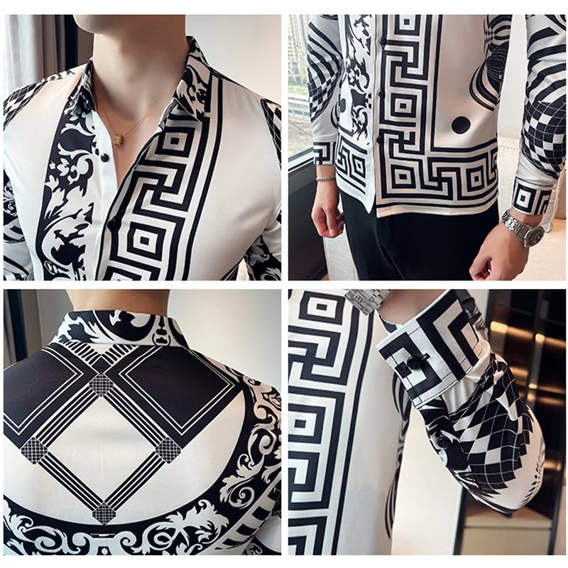 Luxo manga longa dos homens camisas barrocas vestido de outono festa baile wear fino ajuste masculino marca roupas listrado impressão camisa casual