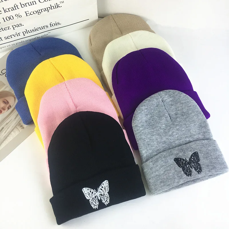 Butterfly Embroidery Beanie Hat New Unisex Winter Hats Women Men Solid Autumn Beanies Knitted Hats Skullcap Hip Hop Wool Hats