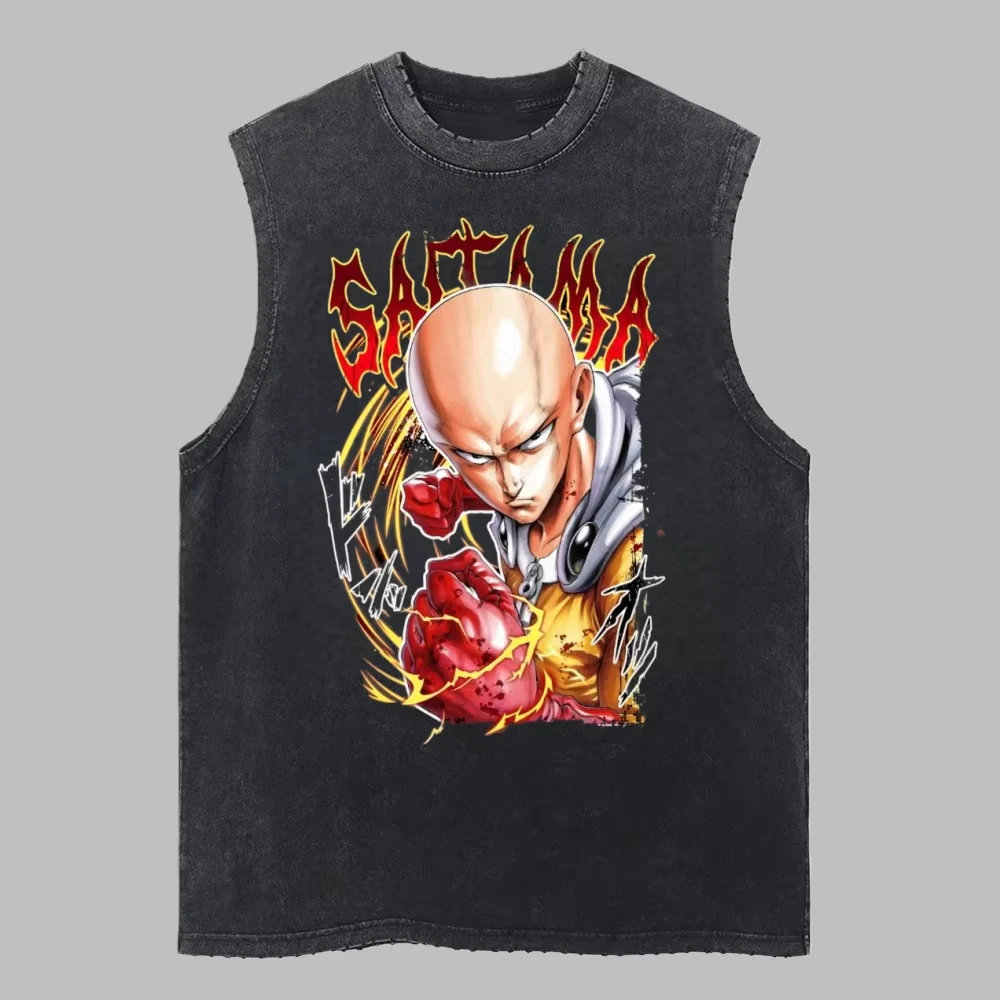 

Мужская летняя футболка-майка 2026 в стиле ретро из хлопка с эффектом потертости, с принтом японского аниме ONE PUNCH, удобная и свободная
