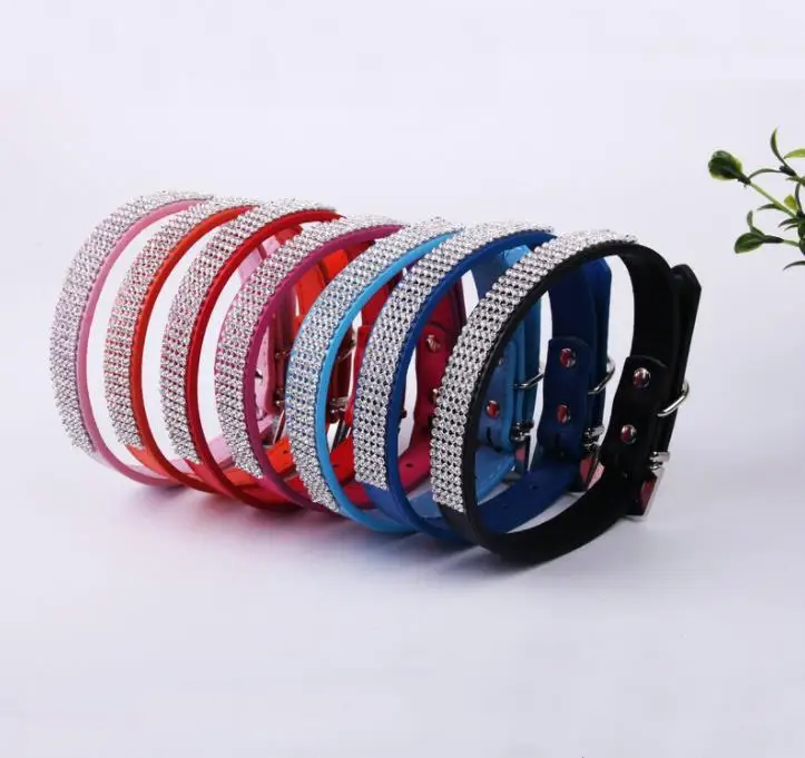 Wholesale 6 Colors 4 Size Adjustable Suede Leather Dog Collars Cute Pet Rhinestone Lightweight Portable Delicate Dog Collars  SN