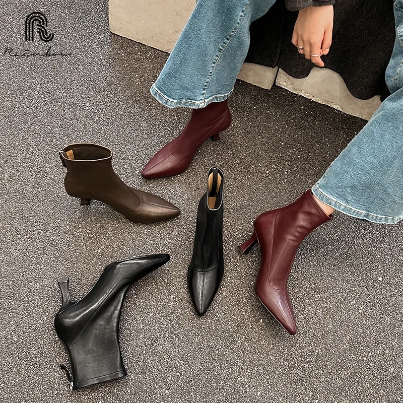 RAINBOW Size 33-40 Women Genuine Leather Stretch Ankle Boots Stitched Rear zipper Shoes pointed toe Kitten Heels Short Fashion