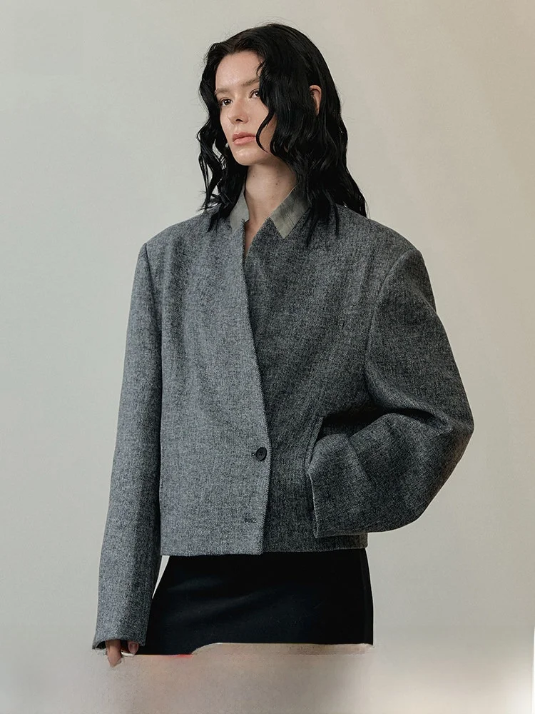 

Genesis, простой элегантный шерстяной костюм со сращенным воротником, джерт для женщин, новинка 2025, свободное зимнее пальто