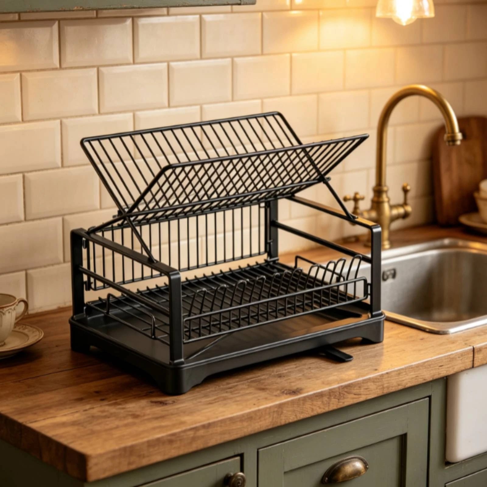 Dish Drying Rack with Water-Catch Tray Foldable 2-Tier Dish Rack Automatic Drainage Compact for Rv Kitchen
