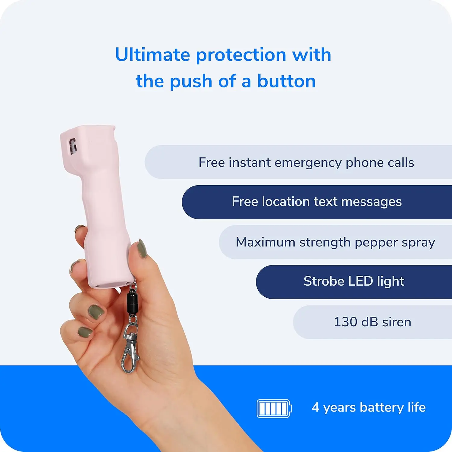 Smart Pepper Spray 5 في 1 - سلسلة مفاتيح للدفاع عن النفس للنساء والرجال مع موقع GPS مجاني، نصوص الطوارئ، التتبع المباشر، B