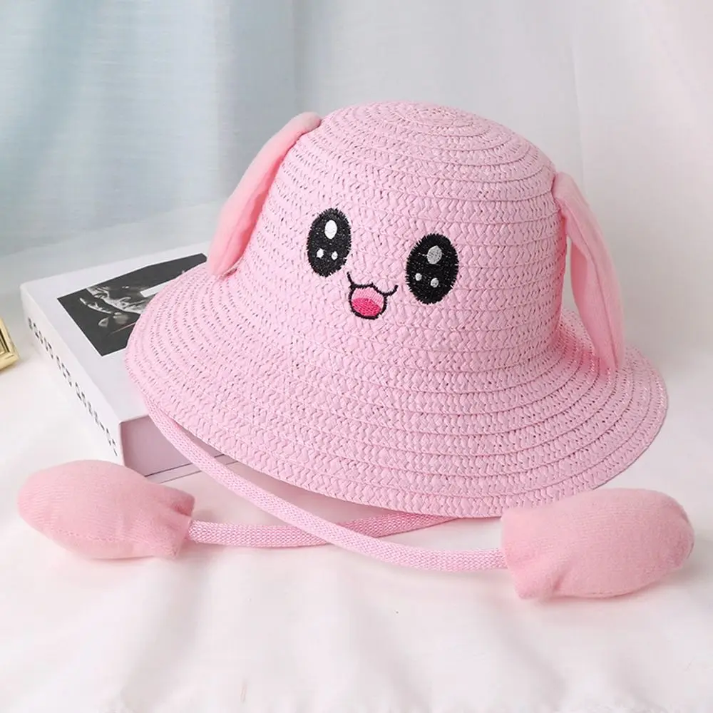 Summer Fisherman\'s Hat Beach Cap Rabbit Moving Ears Travel Bucket Cap Children Straw Hat Korean Style Girl Cap Sun Visor Hat