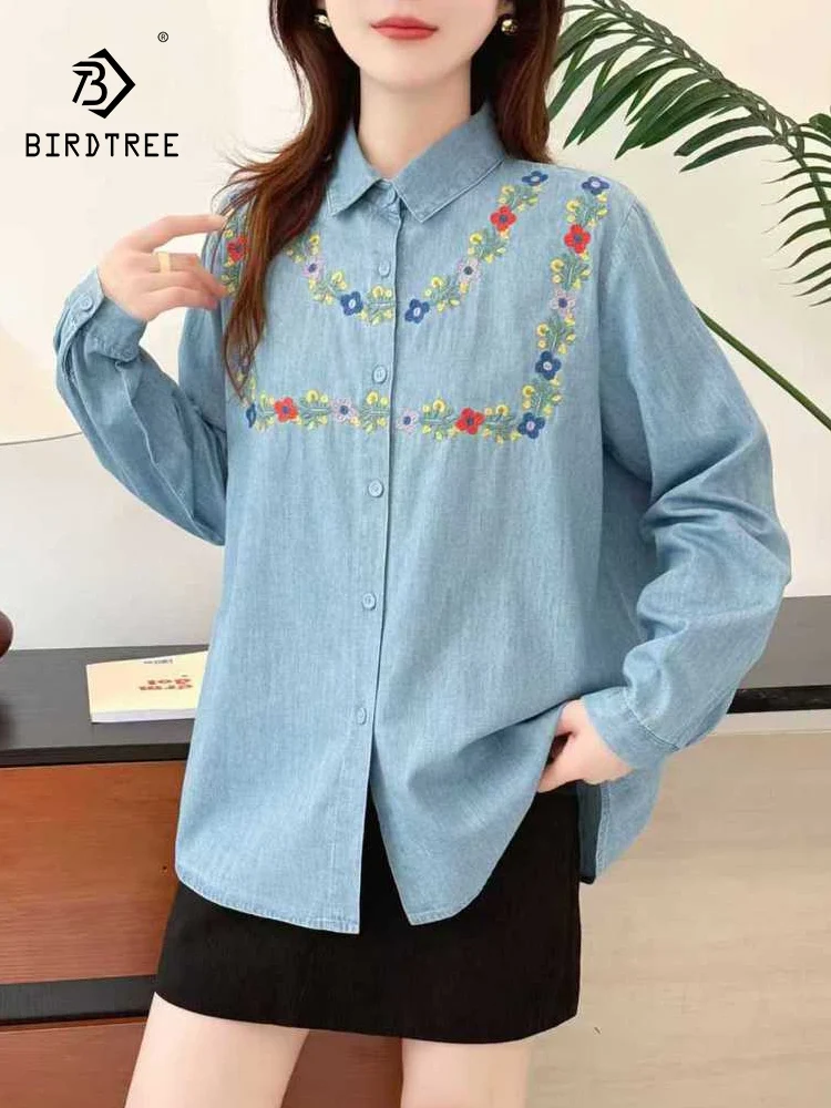 

New 2026 Spring Long Sleeve Denim Shirt, Women Turn-down Collar Floral Embroidery, Mori Girl Preppy Style Loose Blouse T5D720CC