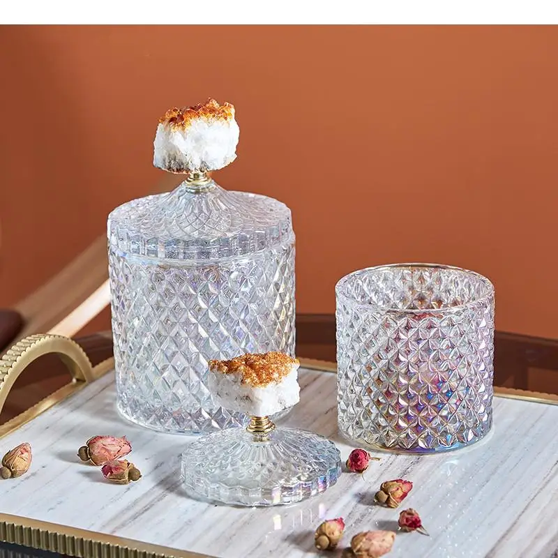 

Crystal Glass Jar Jewelry Jar Cotton Swab Box Storage Tank Crystal Decorative Cover Transparent Candy JarFood Storage Box Bottle