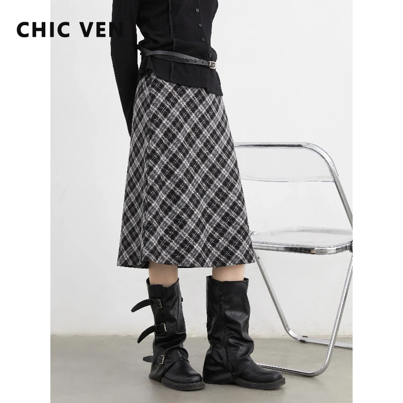 

CHIC VEN женские клетчатые юбки свободные повседневные трапециевидные юбки с высокой талией и бедрами средней длины женская юбка весна осень 2025