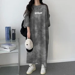 Summer Plus Size Tie Dye Loose Street Casual T Shirt Dress Short Sleeve O-neck Vintage Midi Dress Fashion Korean Women Clothing
