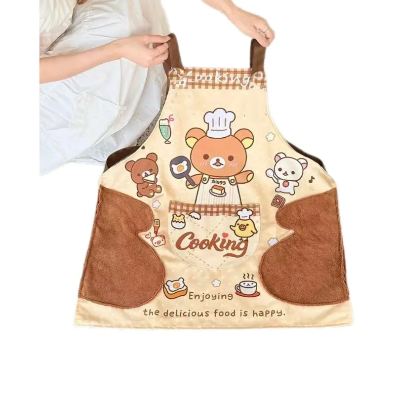 Cute Rilakkuma chef print kitchen apron with hand towel pocket waterproof and oil-proof adjustable cooking bib home baking apron