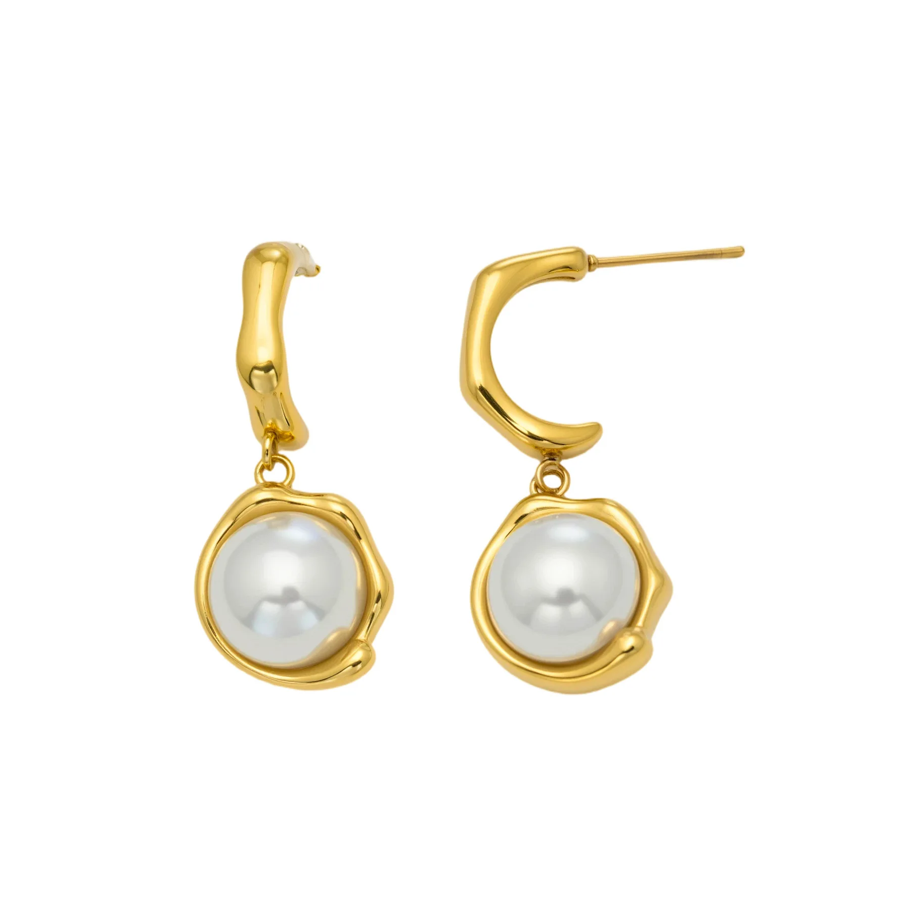 

High-Quality Imitation Pearl Pendant Earrings, Stylish C- Shaped Stud Earrings, Stainless Steel Plated with 18K Real Gold Jewelr