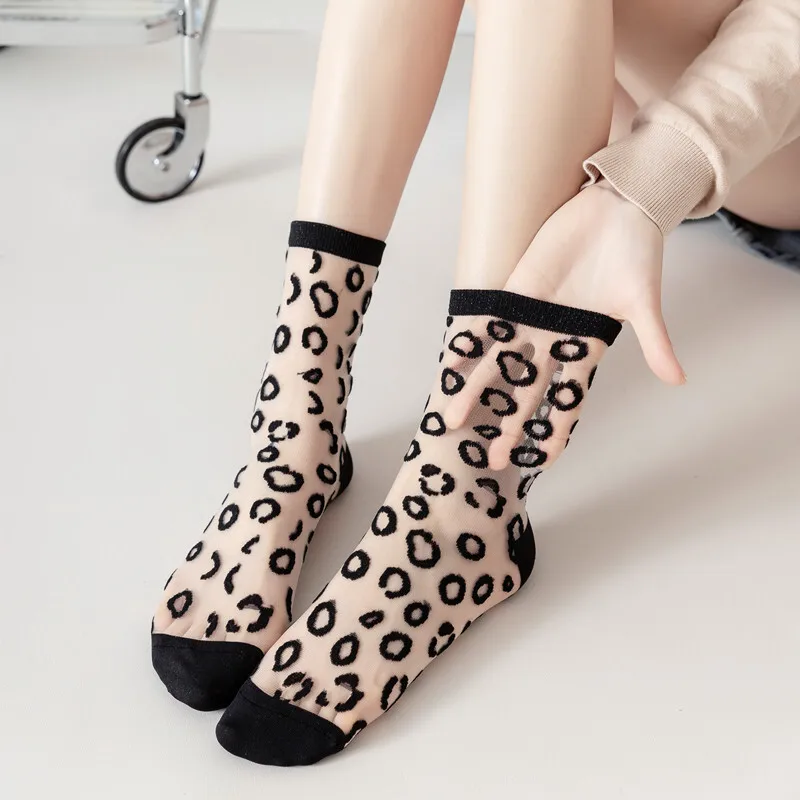 3/6 Pairs 2024 New Spring And Summer Thin Crystal Stockings Mid-tube Stockings Sexy Leopard Print Glass Silk Women's Stockings