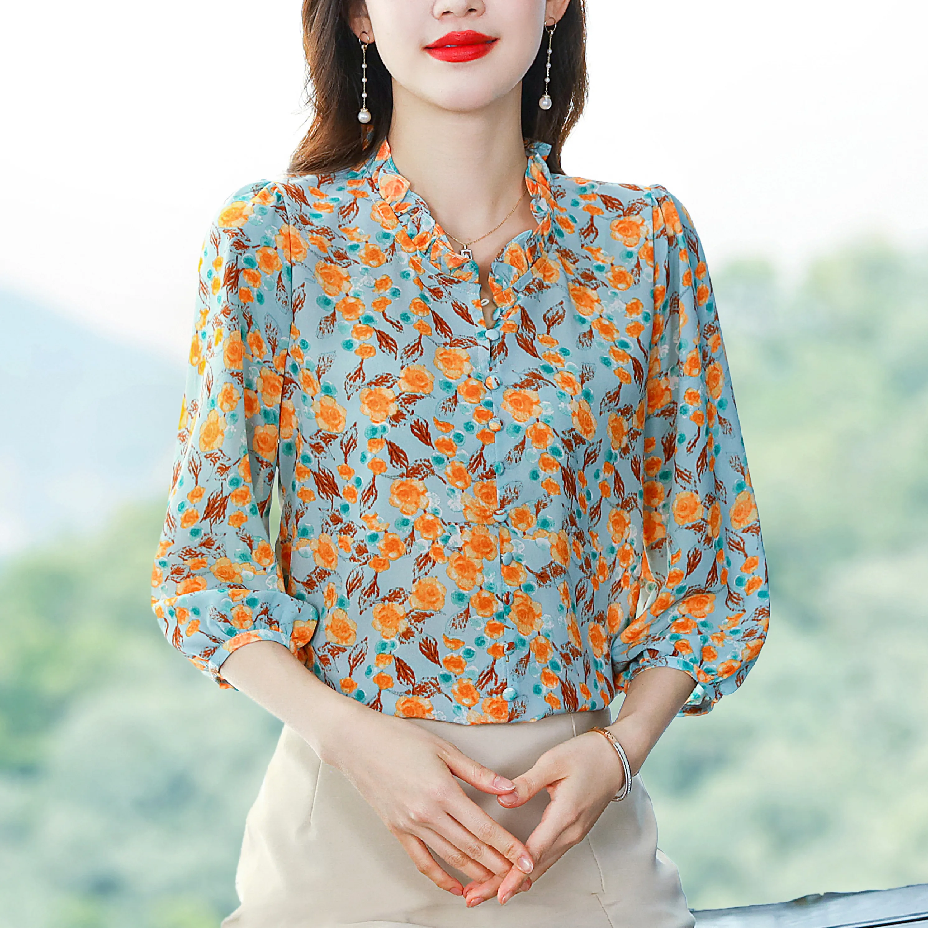 M-4XL Elegant Fashion Women Chiffon shirt Retro Floral Printed Tops Spring Summer Casual Button Pullovers Blouse