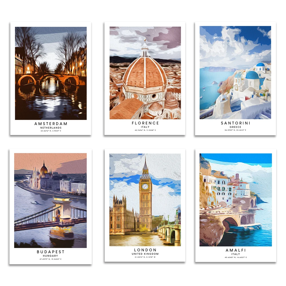 Amalfi, Amsterdam, Santorini, London, New York, Rome, Paris, Florence, Budapest oil painting effect print wall art travel poster