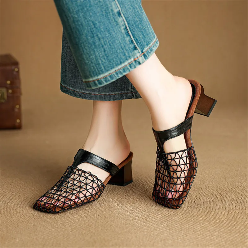 

Новые летние тапочки, женские туфли с квадратным носком, модные тапочки ручной работы, туфли с открытым носком, туфли на высоком массивном каблуке