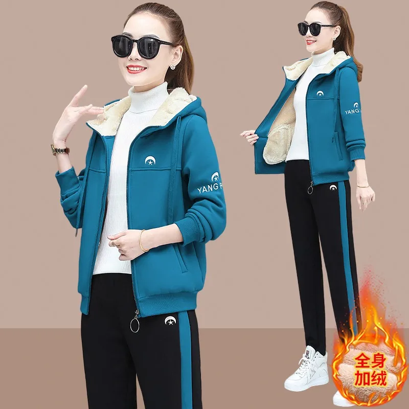 Winter Thick Fleece Women Tracksuit Outfits Warm Hoodie Jacket Sweatshirt+pant Running Jogger Workout Casual Set Sport Suit