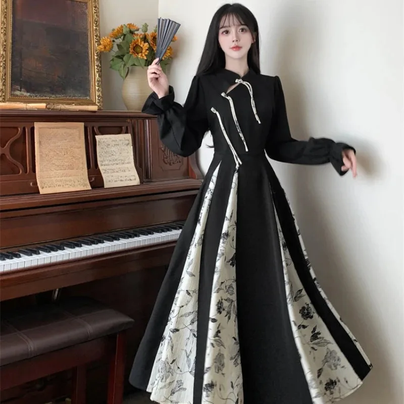 

Retro Printed Patchwork Long Dress Women Elegant Chinese Style Vintage Maxi Dresses Streetwear Robe Woman Clothing New