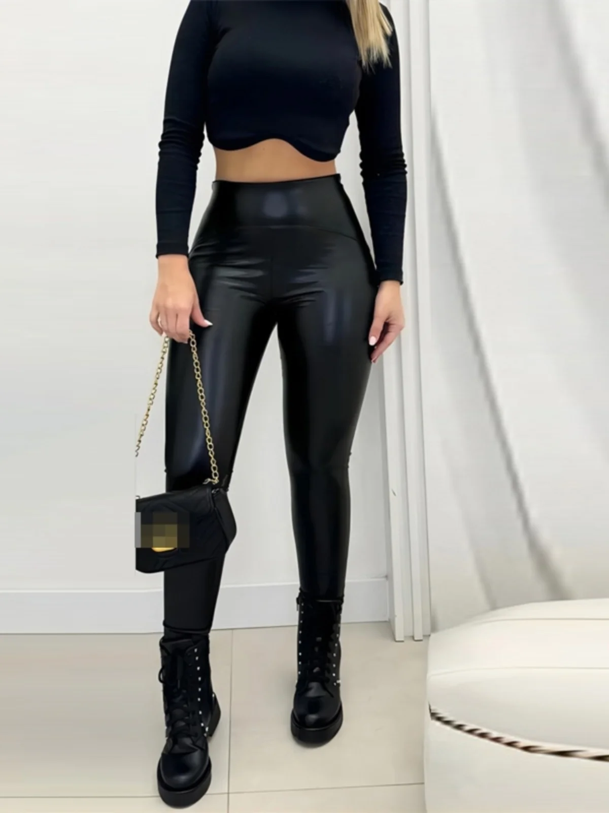 

High Waist Casual PU Leggings Women's Tight Fit Pants Long Trousers for Leisure High Waist Butt Lifting Full Length