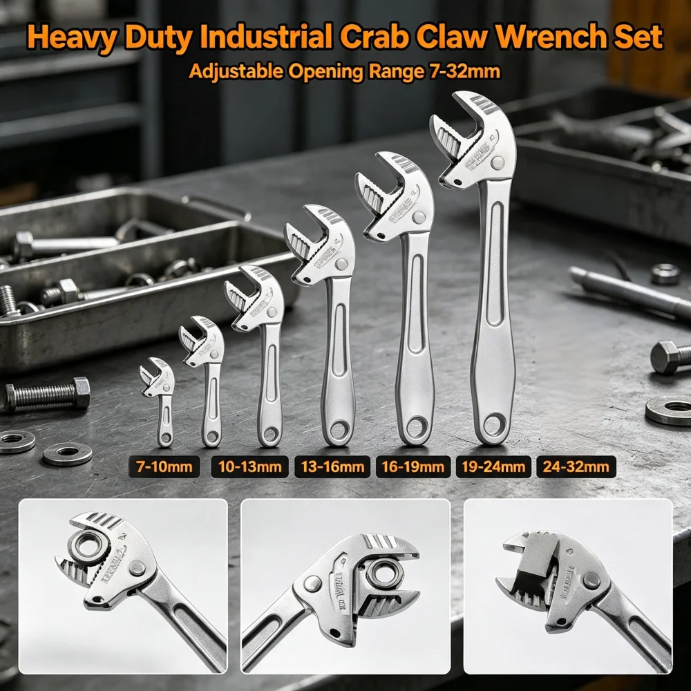 Heavy‑Duty Crab‑Claw Ratchet Wrench Set,7-32MM Adjustable Quick‑Grip Jaw Spanner  Wrench for Mechanic Repair, Pipe Fastener Work