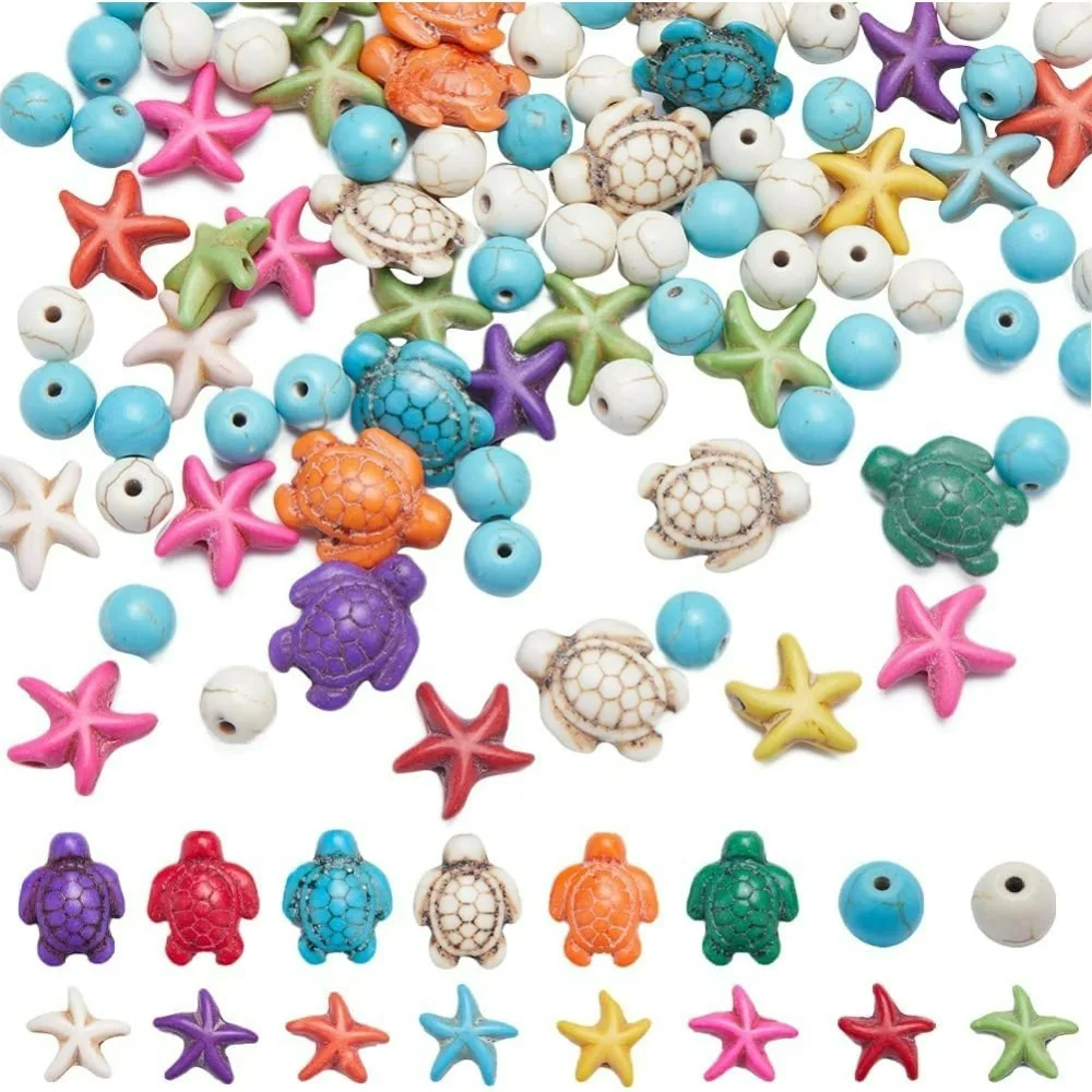 Perles de tortue en vrac, 4 brins, étoile de mer, environ 150 pièces, 8mm, rondes, colorées, synthétiques, turquoise, pour l'été, 1 boîte