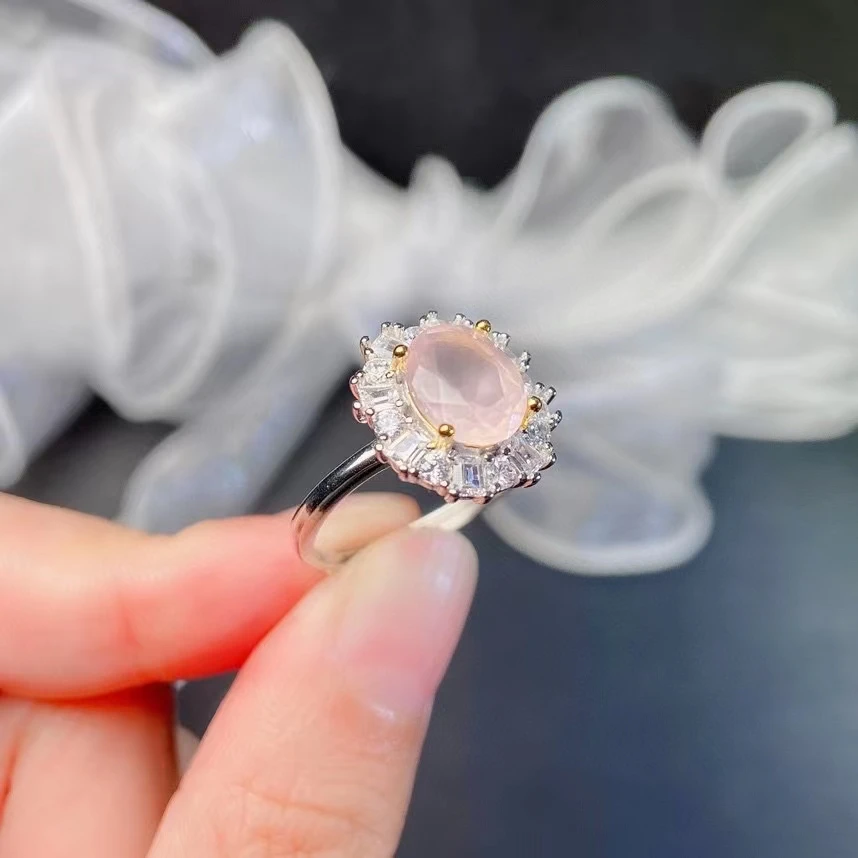 Dazzling Silver Gemstone Ring 2ct 7mm*9mm Natural Rose Quartz Ring 925 Silver Rose Quartz Jewelry with Gold Plating