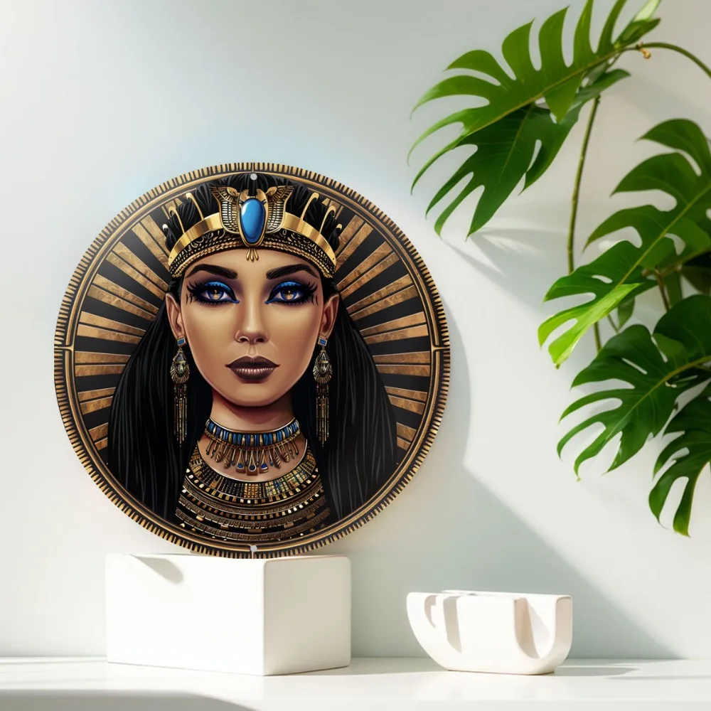 2D Round Aluminum Flat Sign, Egyptian Queen Mask Themed Decoration Office Room Home Decorations, Holiday Gifts, Wall Art Decor