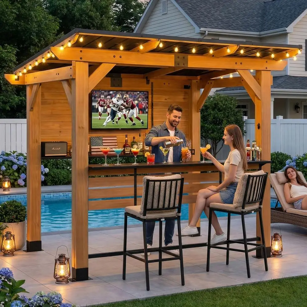 

CeWood Entertainment Bar Center,6 x 8 T Wood Gazebo Bar Including Metal TV Mount & Serving Bar & Paper Towel Holder& Bottle Open