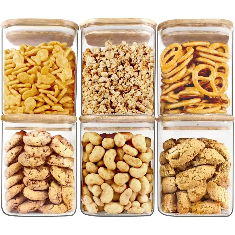 

Glass Jars with Bamboo Lids, Square Glass Jar with airtight lids of 6 pack of 28oz, Square glass storage jars with airtight lids