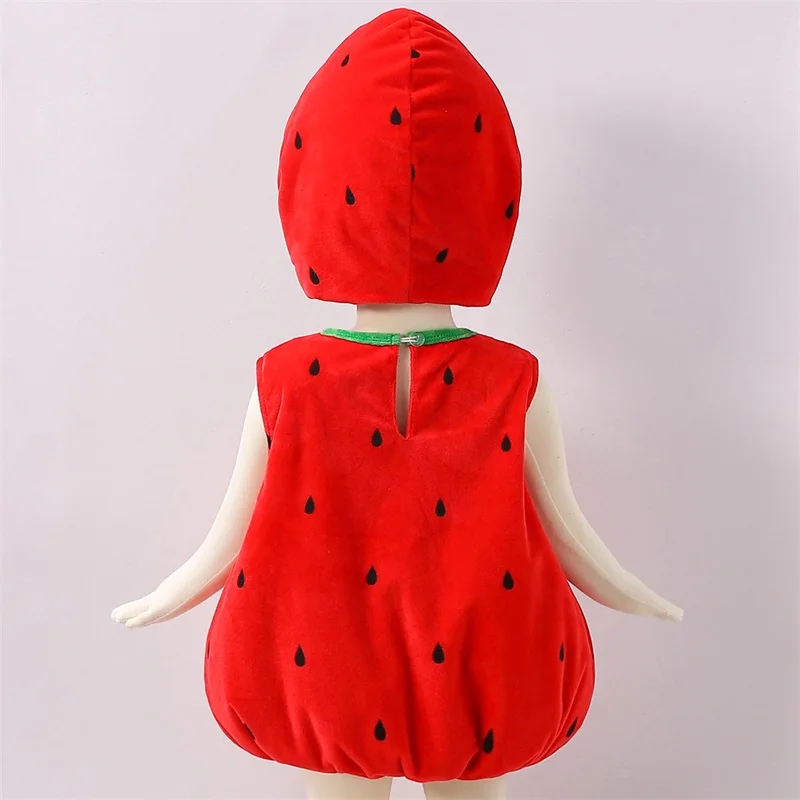 Baby Boy Girl Strawberry Costume Set Fleece Leaf Trim Sleeveless Strawberry Romper Hat Halloween Cosplay photography Clothes