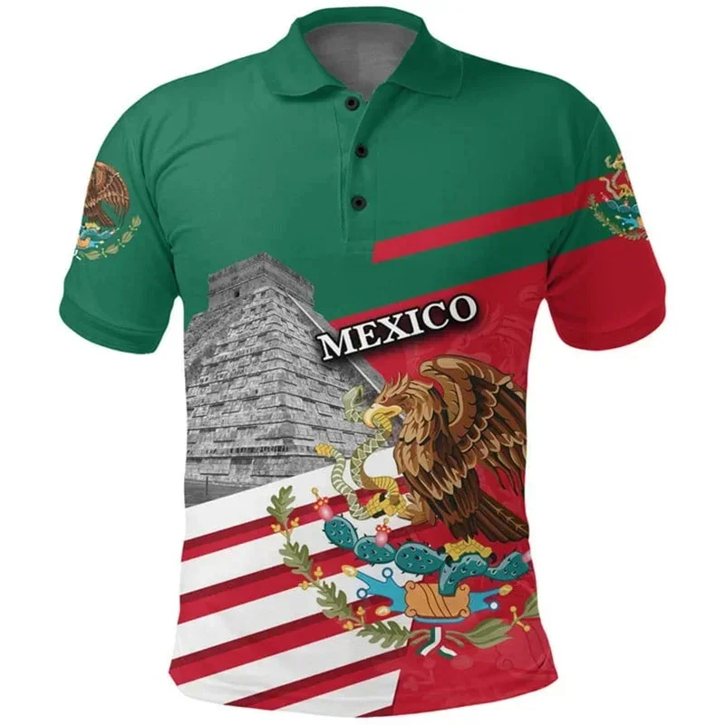 Mexico National Flag Pattern Polo Shirt Men Emblem Graphic 3D Print Tees Summer Street Lapel Top Oversized T-Shirts Short Sleeve