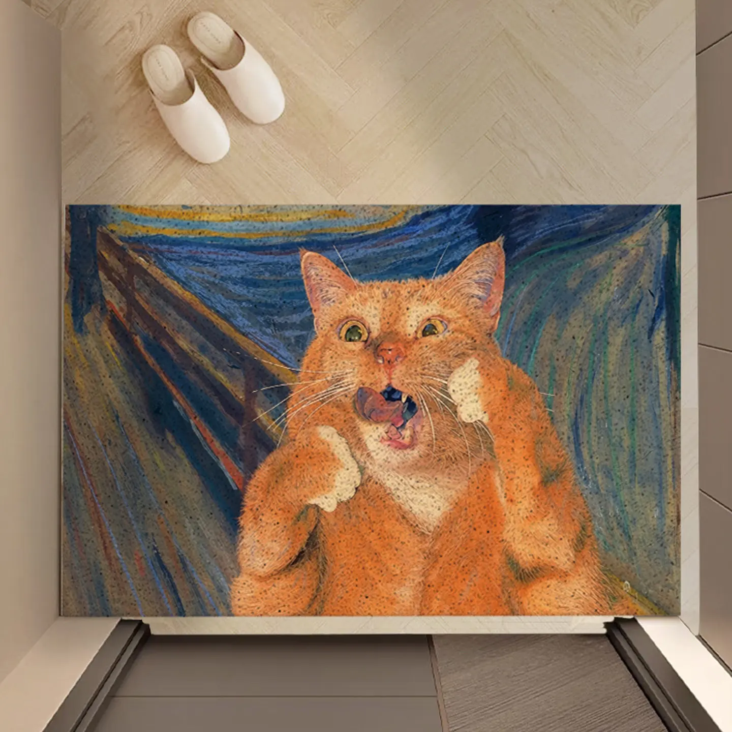 Funny Screaming Cat PVC Coir Doormat Non‑Slip Dust Removal Entrance Door Mat,Waterproof Wear‑Resistant Welcome Rug Home Decor