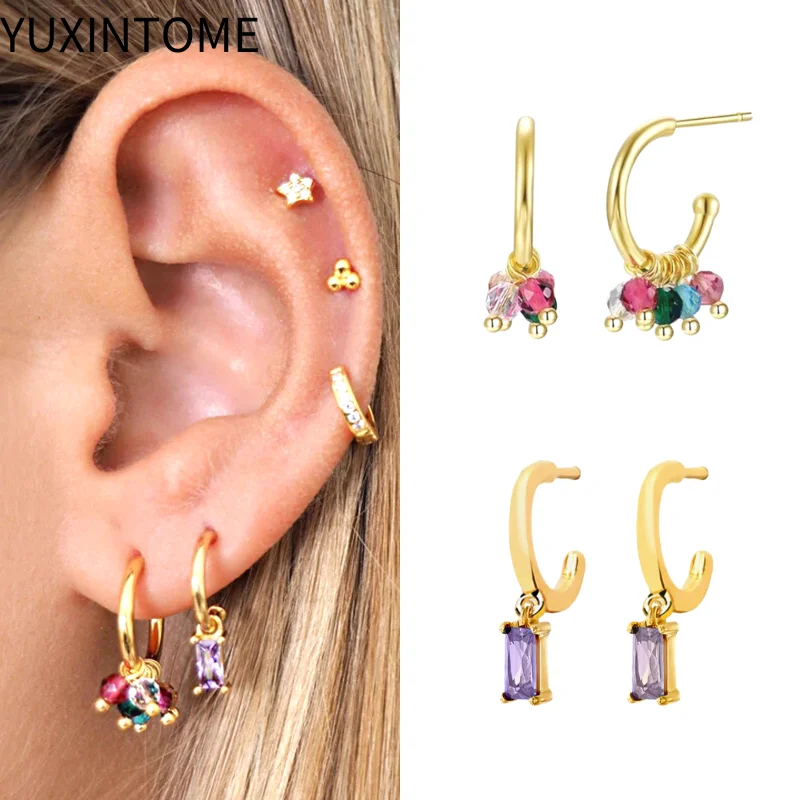 

925 Sterling Silver Ear Needle C Shape Stud Earrings for Women Colorful Beads/Square Crystal Pendant Earrings Luxury Jewelry