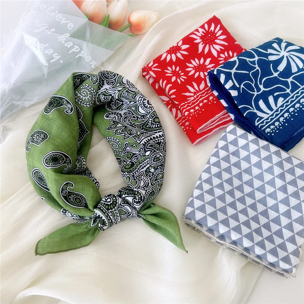 Écharpe carrée en coton et lin à imprimé floral pour femme, foulard pour cheveux doux, mouchoir carré pour femme, foulard pour le cou, écharpes pour la tête