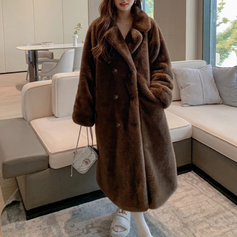 Long Faux Fur Coat Women Autumn Winter Large Jacket Overcoat White Turn Down Collar Pockets Thick Coat Warm Jackets Maxi Coats