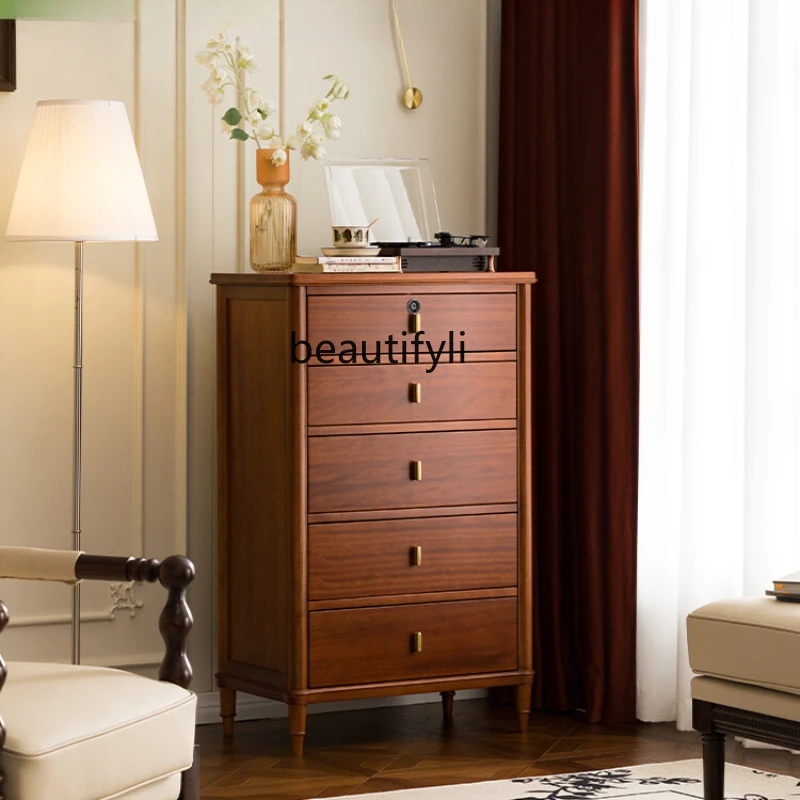 Solid Wood Living Room Chest of Drawers with Lock Vintage Storage Cabinet Light Luxury Cabinet Bedroom Locker