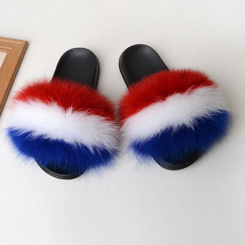 Real Fox Fur Slippers For Women Casual Fluffy Non-Slip Slippers Ladies Shoes Large Size Fur Slides Outdoor Plush Fur Slippers