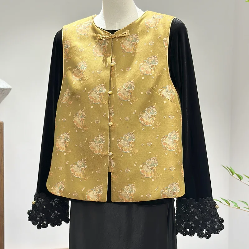 Easten Women Casual Jacket Soft Jacquard Coat Roubd Collar Chinese Clothes Vintage Button Blouse Elegant Sleeveless Shirt