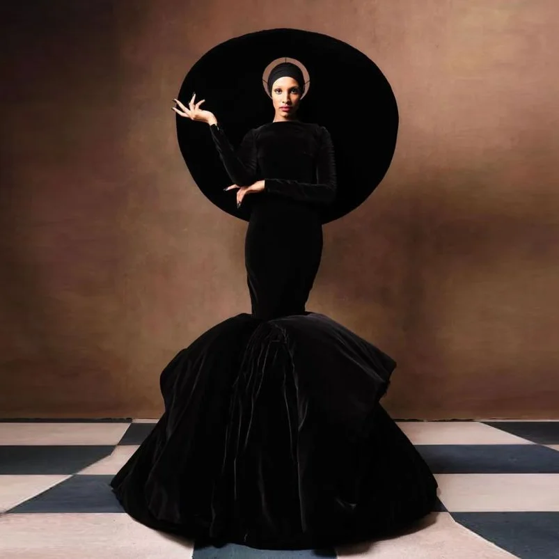 Wysoka sukienka Couture Maxi dla kobiet syrenka suknie na bal maturalny warstwowa na zamówienie eleganckie aksamitne sukienki imprezowe z pełnym rękawem z falbanami
